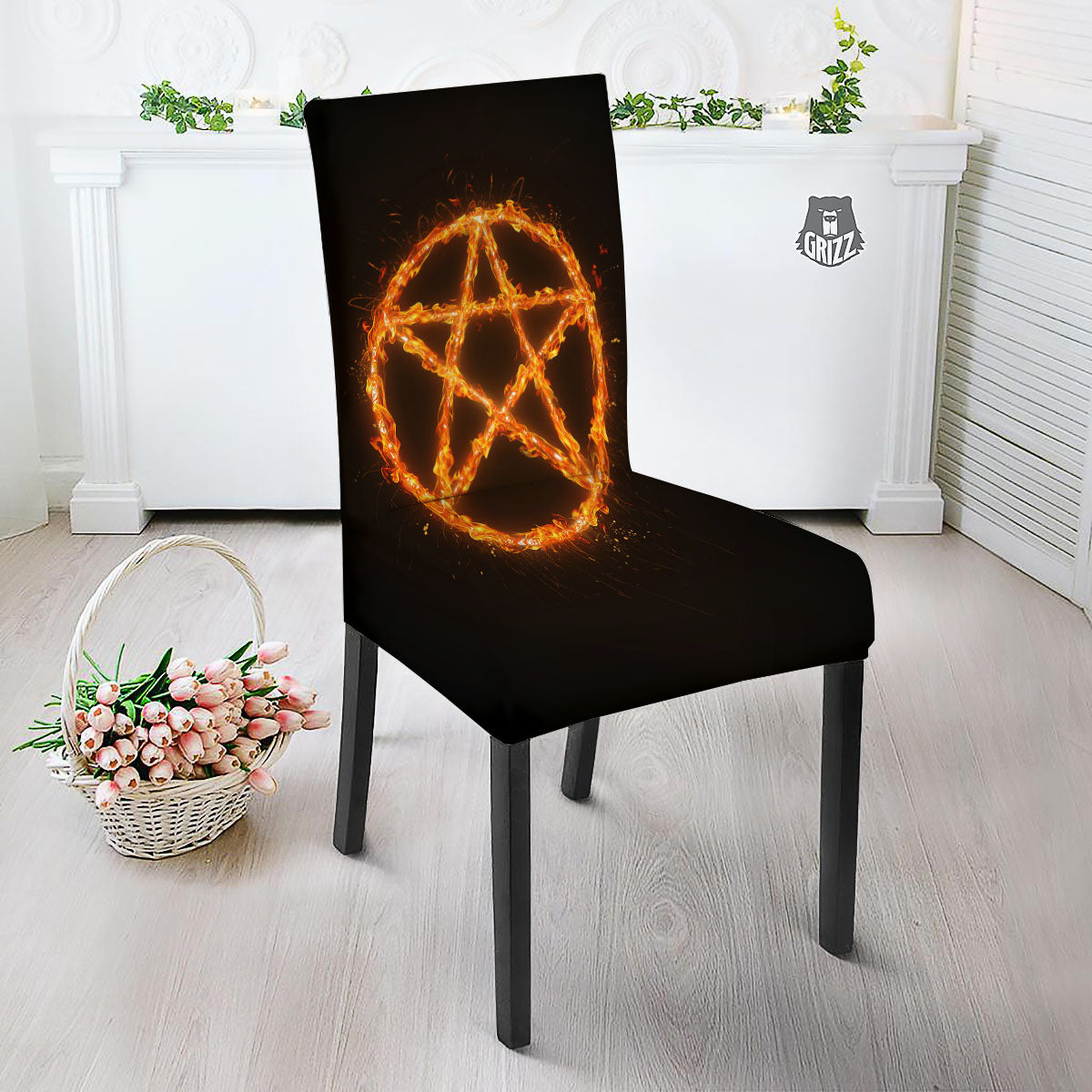 Pentagram Symbol Flaming Print Dining Chair Slipcover-grizzshop
