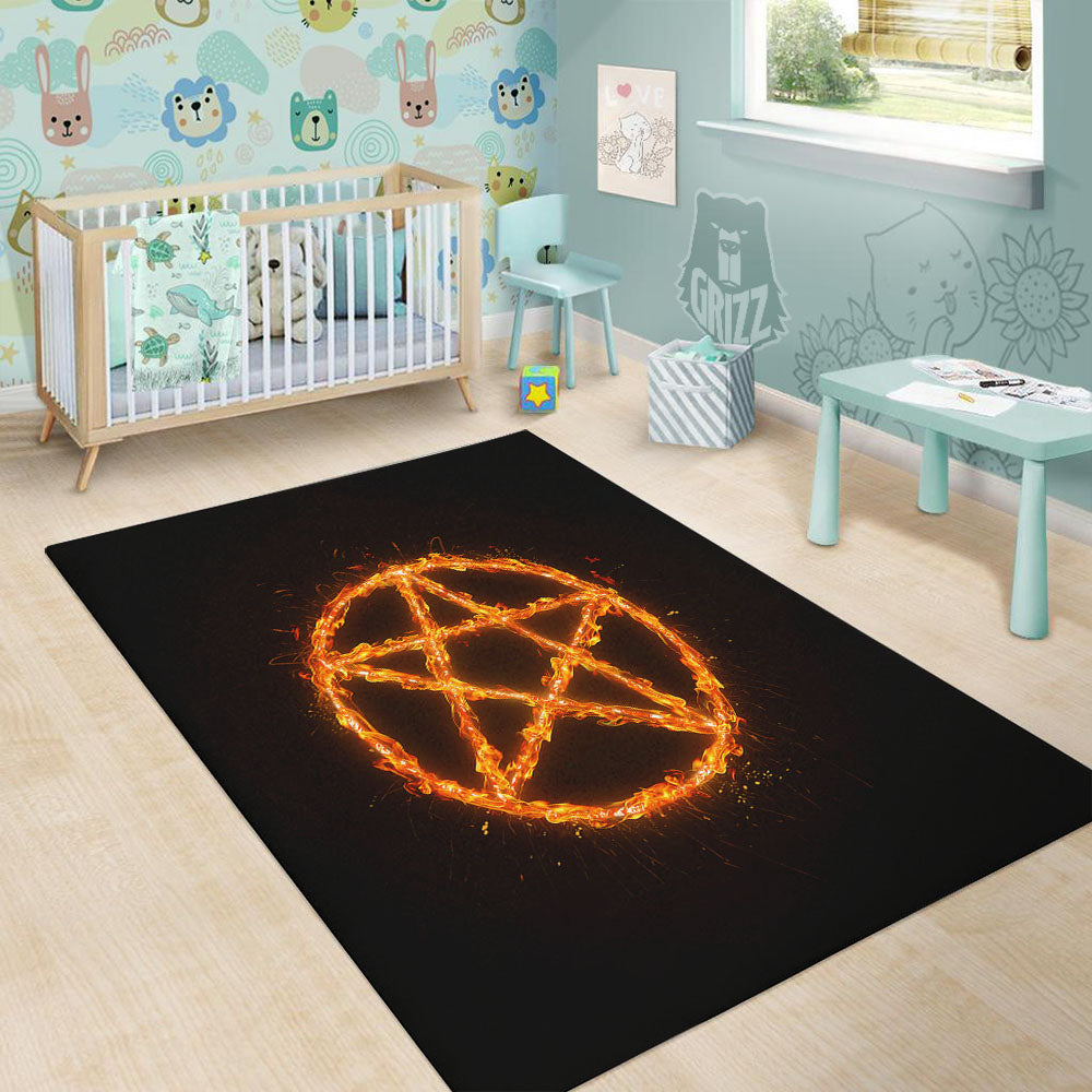 Pentagram Symbol Flaming Print Floor Mat-grizzshop
