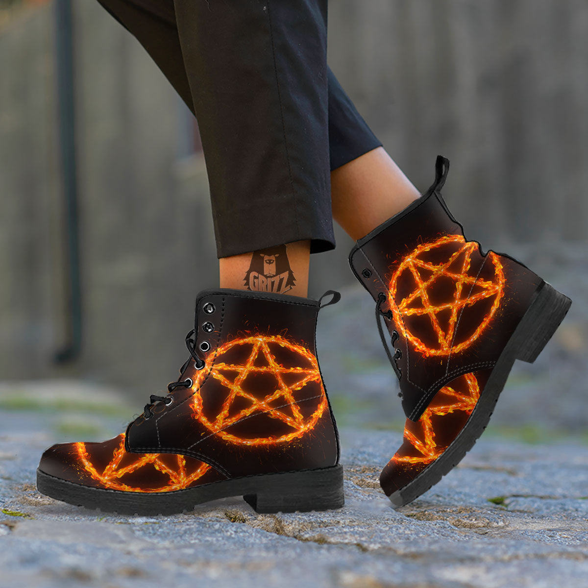 Pentagram Symbol Flaming Print Leather Boots-grizzshop