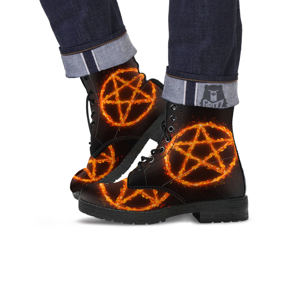 Pentagram Symbol Flaming Print Leather Boots-grizzshop