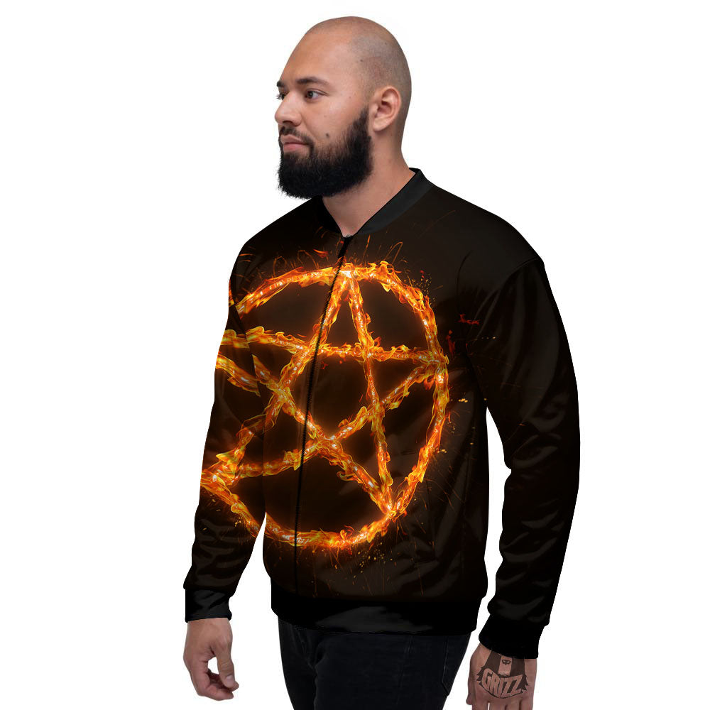 Pentagram Symbol Flaming Print Men's Bomber Jacket-grizzshop