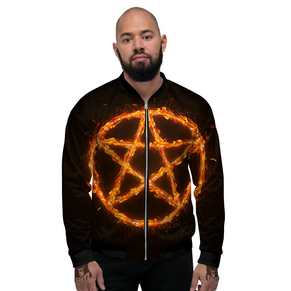 Pentagram Symbol Flaming Print Men's Bomber Jacket-grizzshop