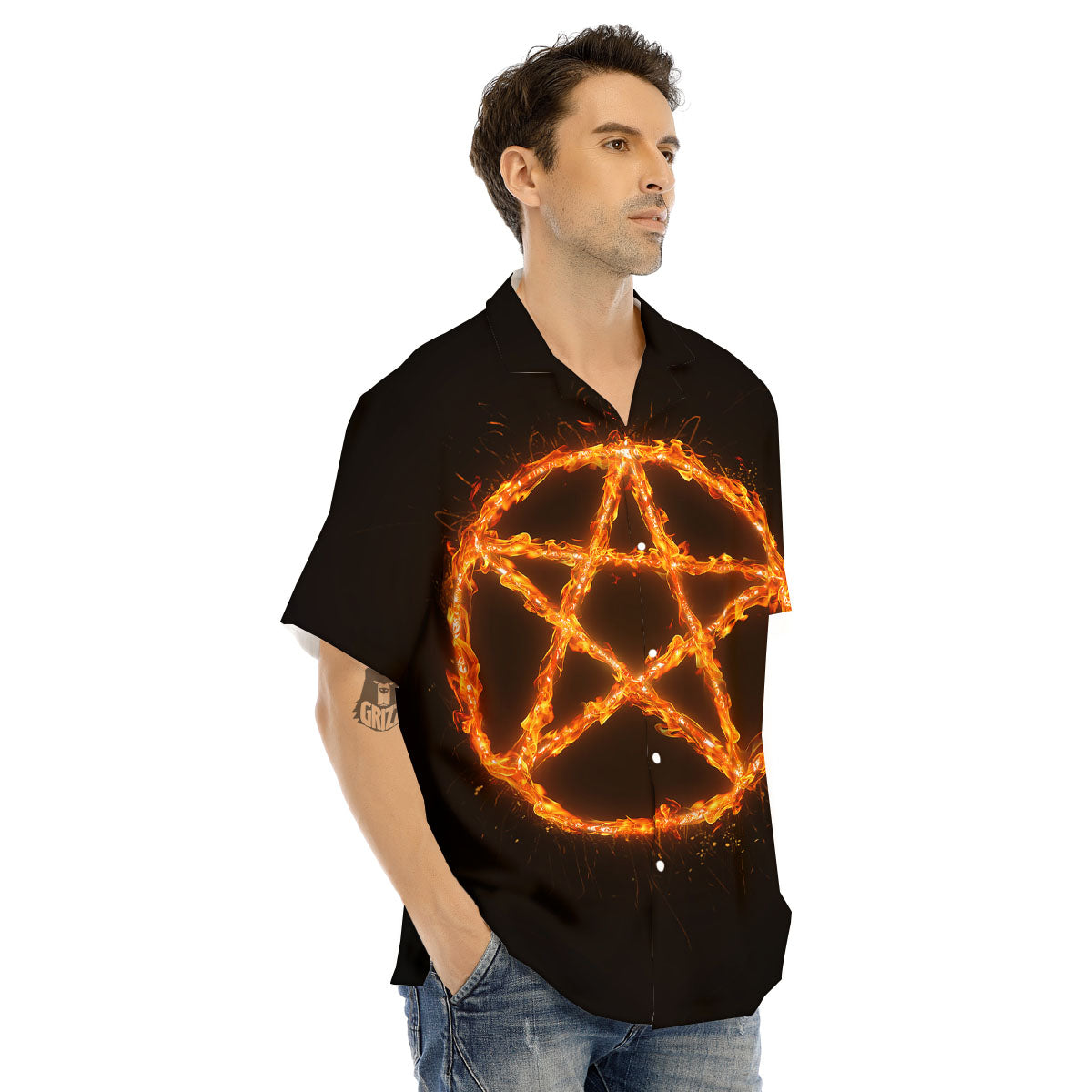 Pentagram Symbol Flaming Print Men's Hawaiian Shirt-grizzshop