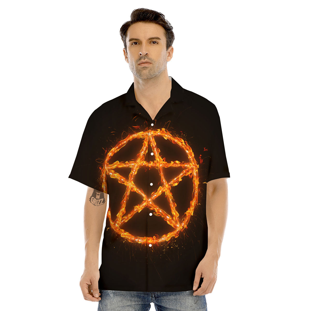 Pentagram Symbol Flaming Print Men's Hawaiian Shirt-grizzshop