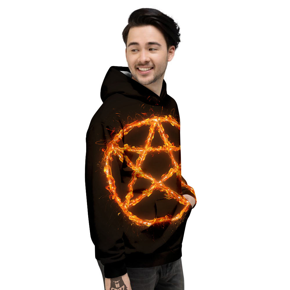 Pentagram Symbol Flaming Print Men's Hoodie-grizzshop