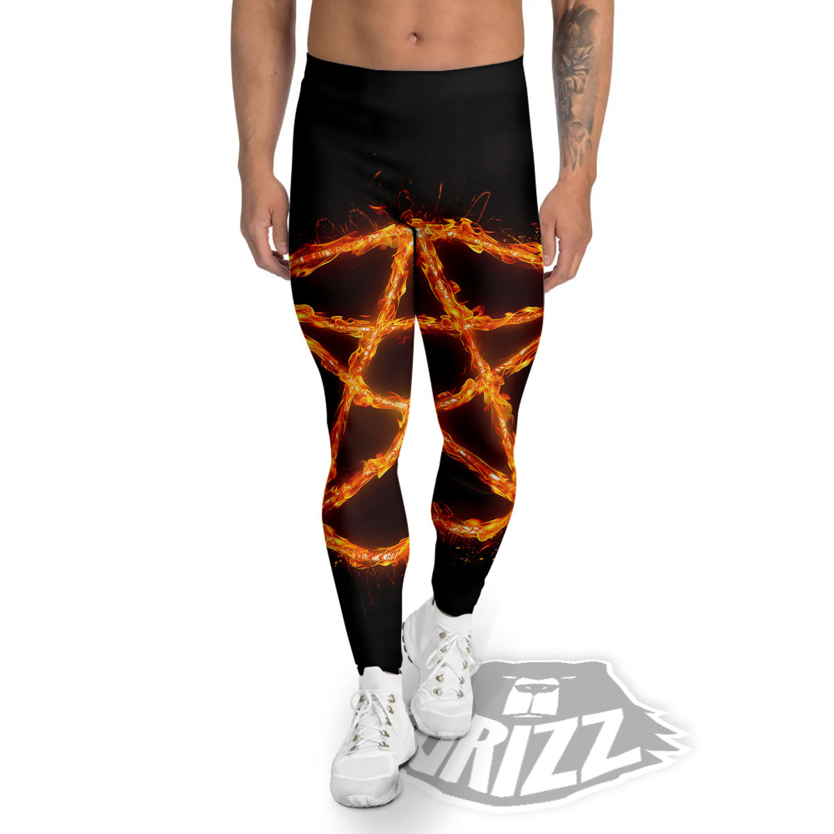 Pentagram Symbol Flaming Print Men's Leggings-grizzshop