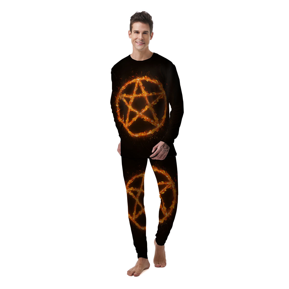 Pentagram Symbol Flaming Print Men's Pajamas-grizzshop