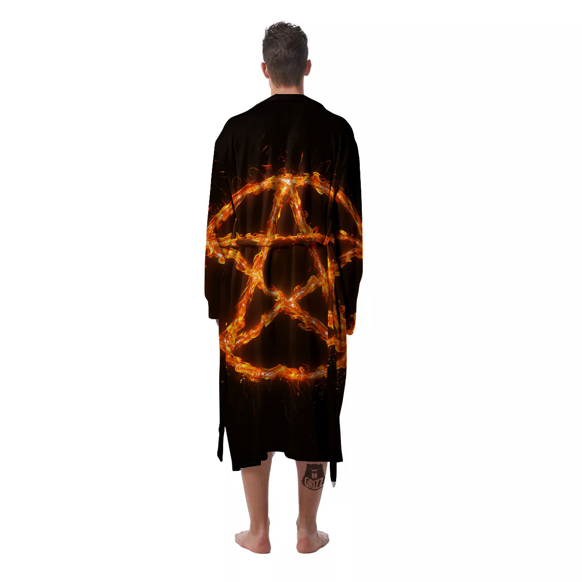 Pentagram Symbol Flaming Print Men's Robe-grizzshop