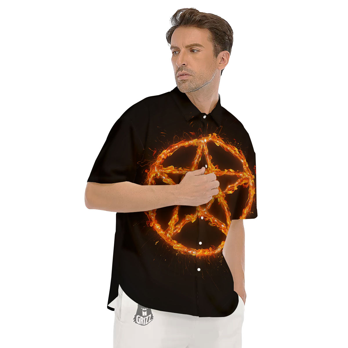 Pentagram Symbol Flaming Print Men's Short Sleeve Shirts-grizzshop
