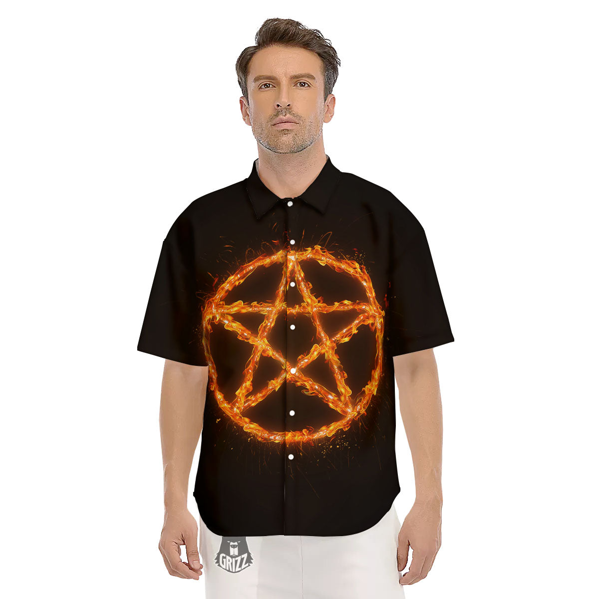Pentagram Symbol Flaming Print Men's Short Sleeve Shirts-grizzshop