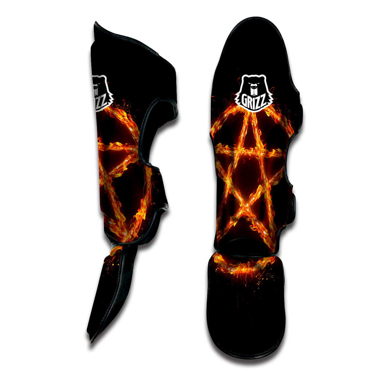 Pentagram Symbol Flaming Print Muay Thai Shin Guards-grizzshop