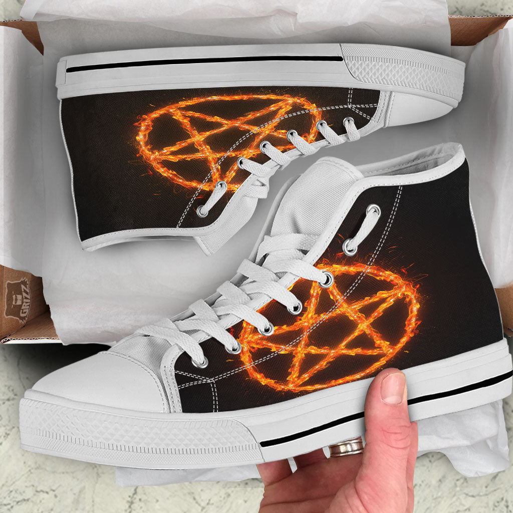 Pentagram Symbol Flaming Print White High Top Shoes-grizzshop