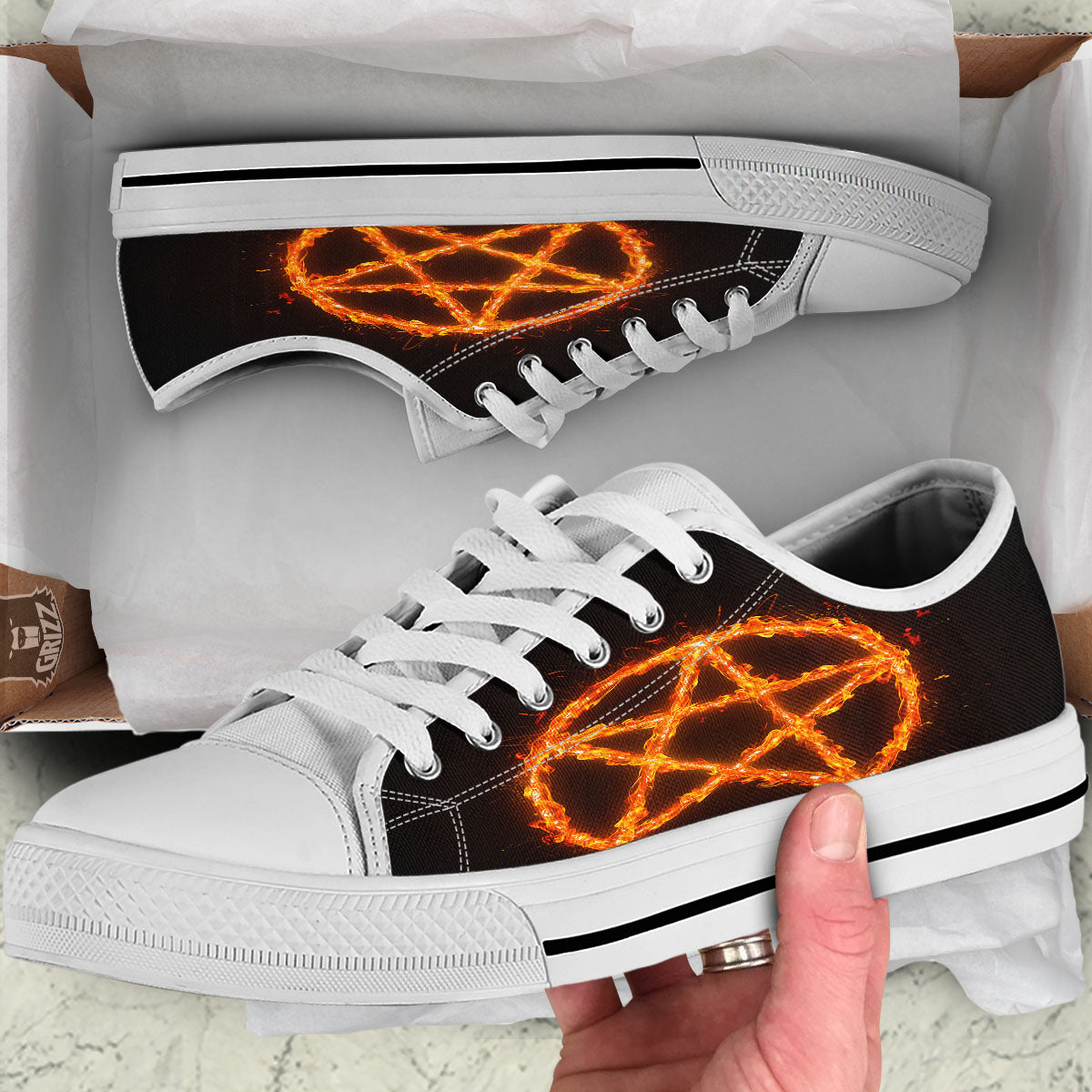 Pentagram Symbol Flaming Print White Low Top Shoes-grizzshop