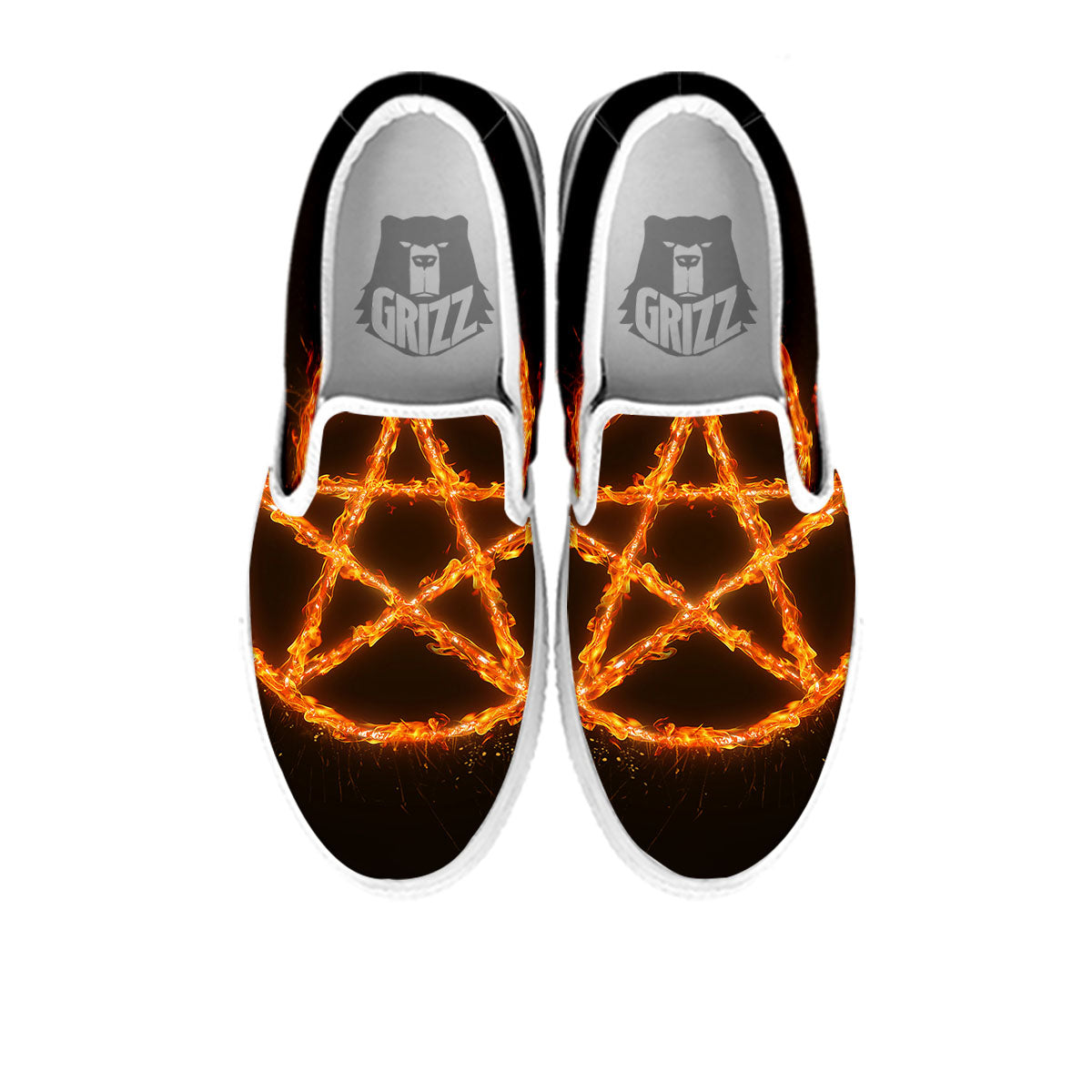 Pentagram Symbol Flaming Print White Slip On Shoes-grizzshop