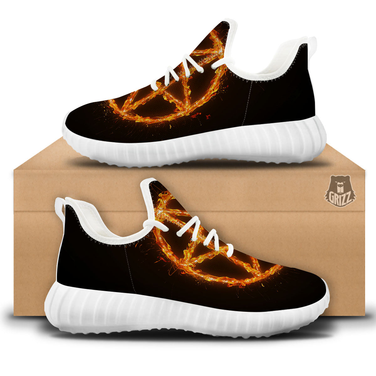 Pentagram Symbol Flaming Print White Walking Shoes-grizzshop