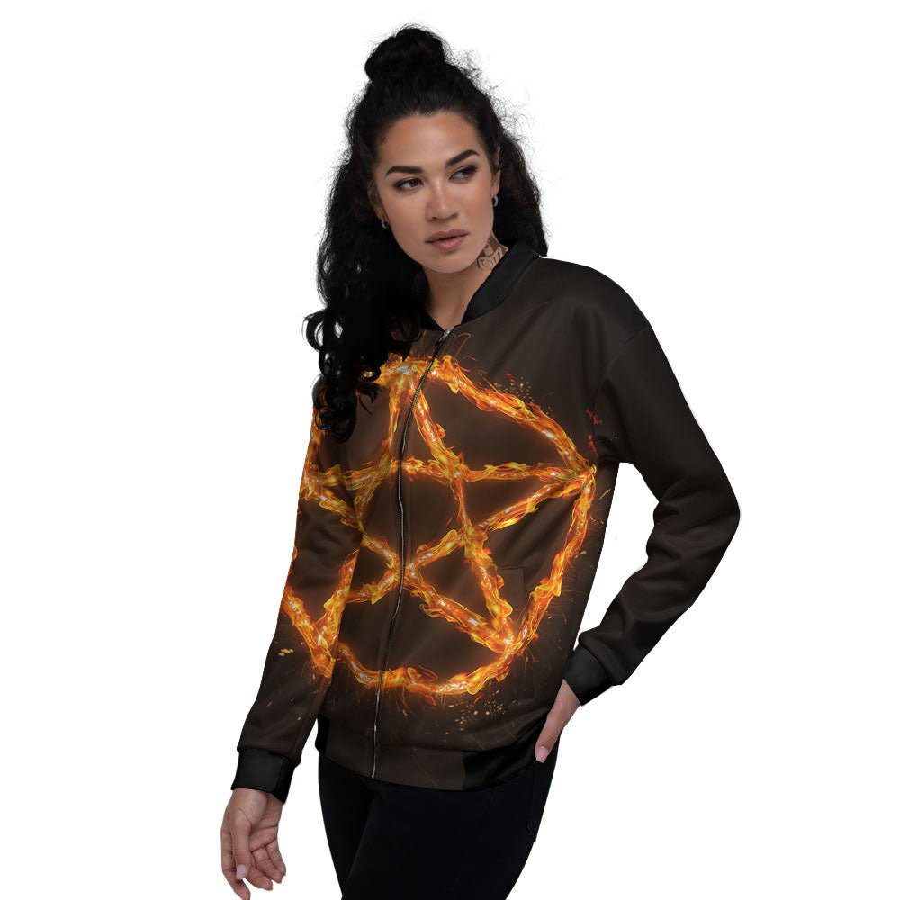 Pentagram Symbol Flaming Print Women's Bomber Jacket-grizzshop