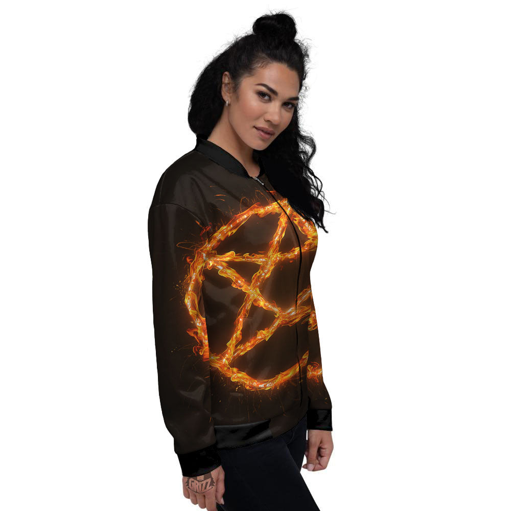Pentagram Symbol Flaming Print Women's Bomber Jacket-grizzshop