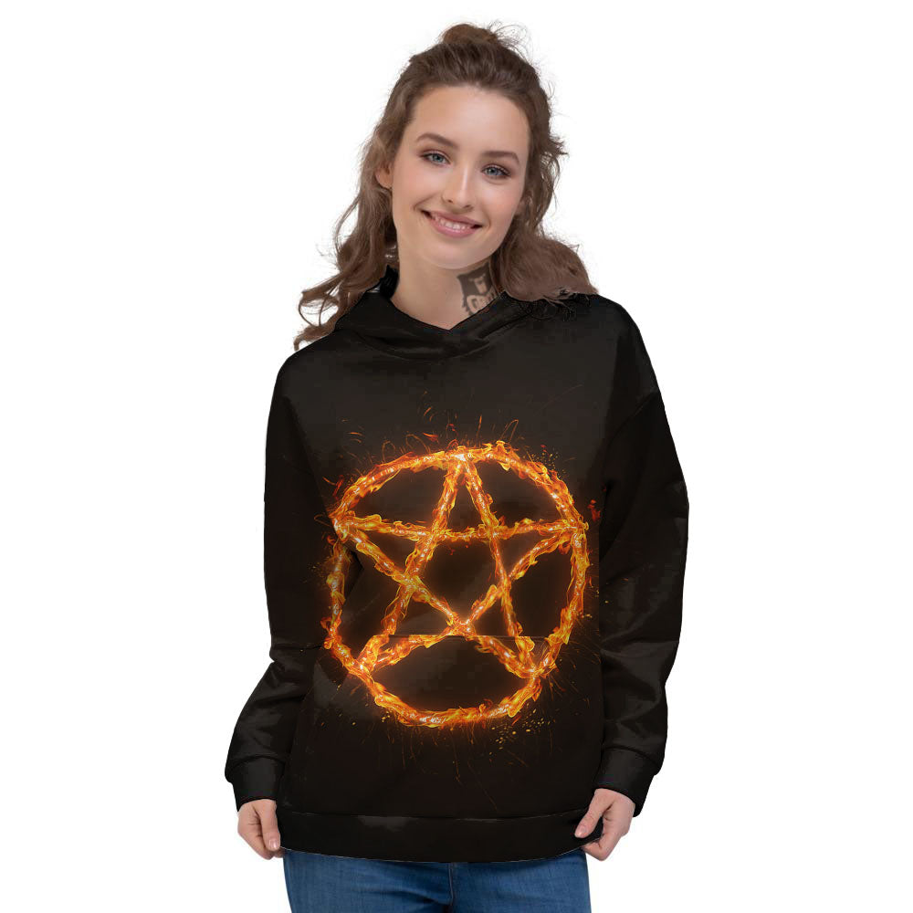 Pentagram Symbol Flaming Print Women's Hoodie-grizzshop