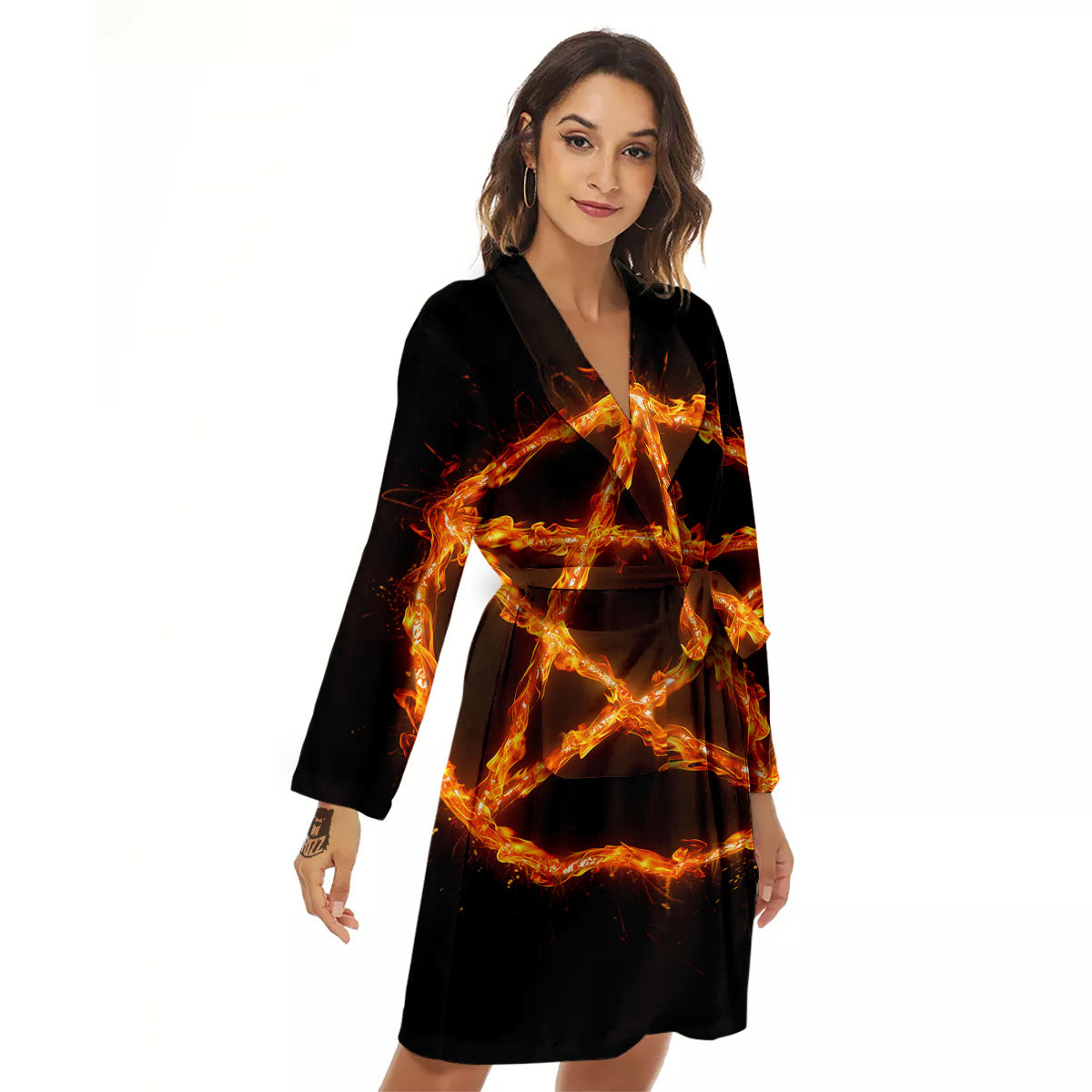 Pentagram Symbol Flaming Print Women's Robe-grizzshop