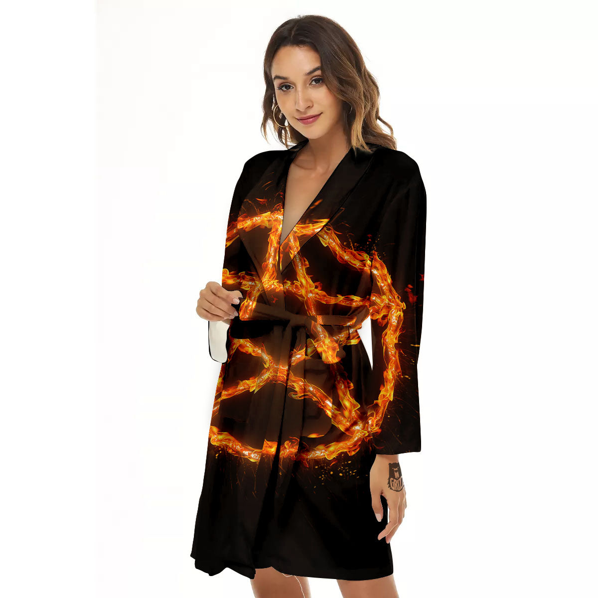 Pentagram Symbol Flaming Print Women's Robe-grizzshop