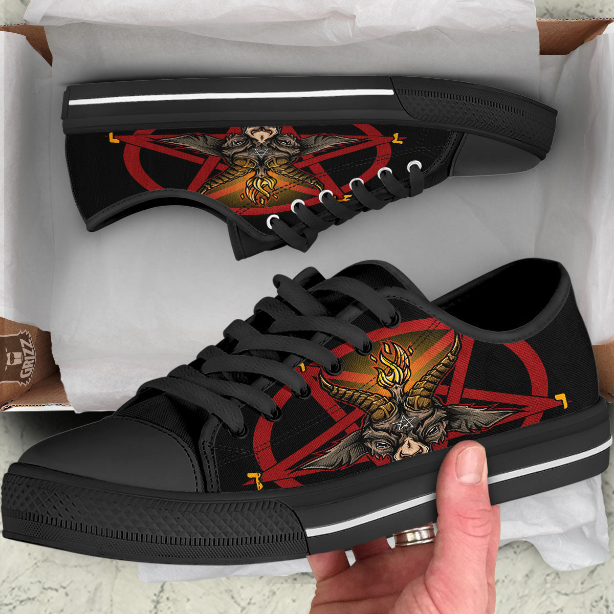 Pentagram Symbol Magic Print Black Low Top Shoes-grizzshop