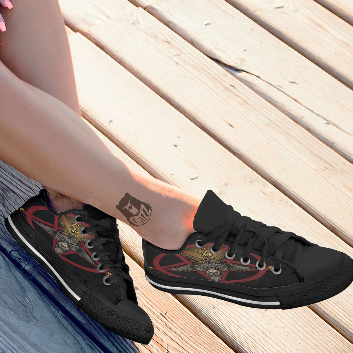 Pentagram Symbol Magic Print Black Low Top Shoes-grizzshop