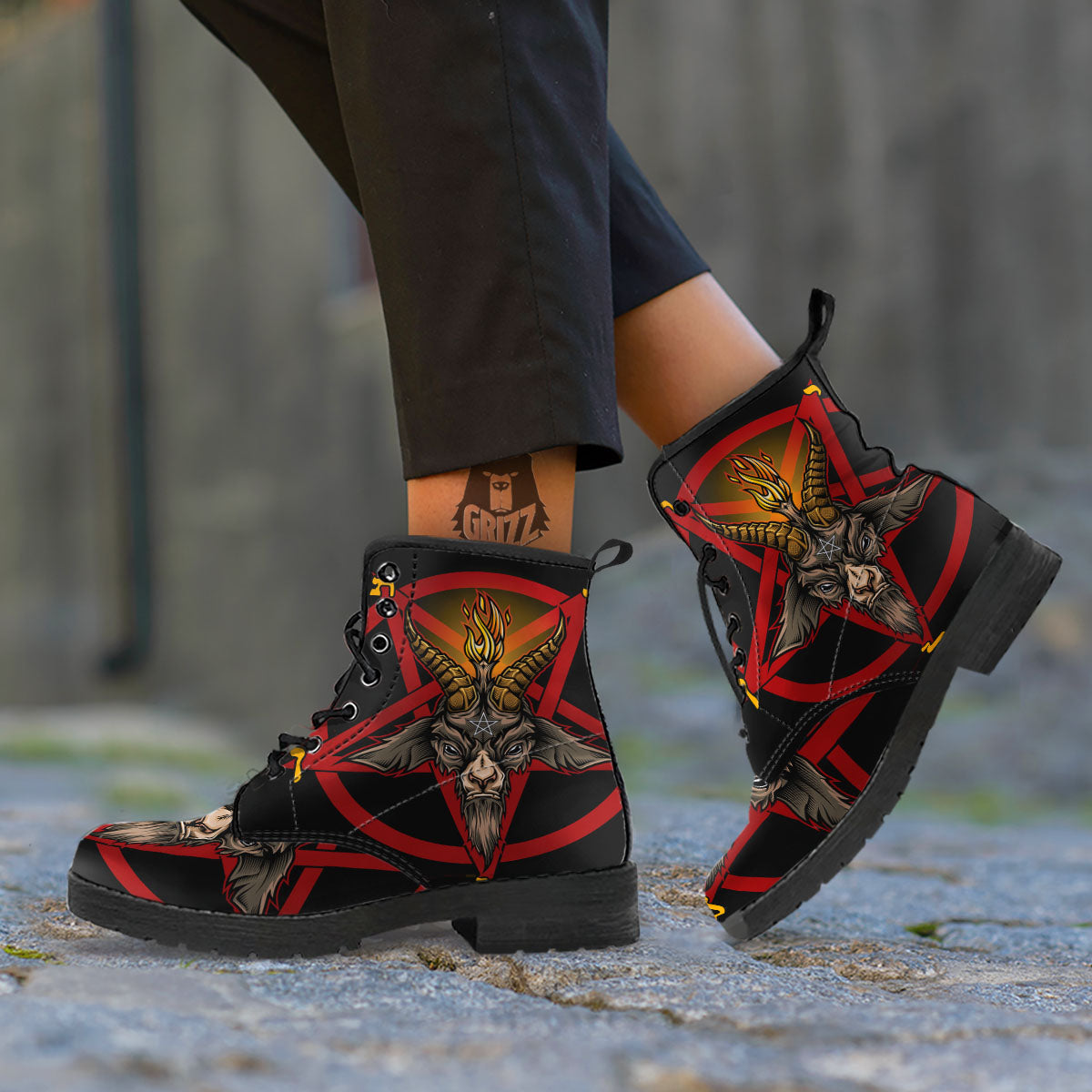Pentagram Symbol Magic Print Leather Boots-grizzshop