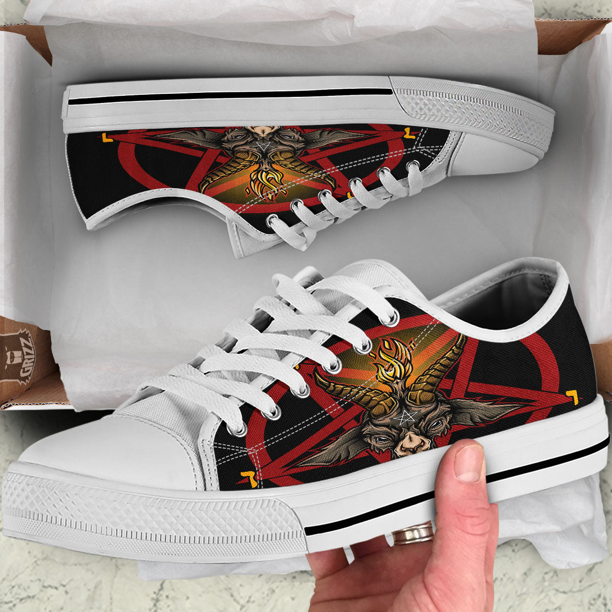 Pentagram Symbol Magic Print White Low Top Shoes-grizzshop