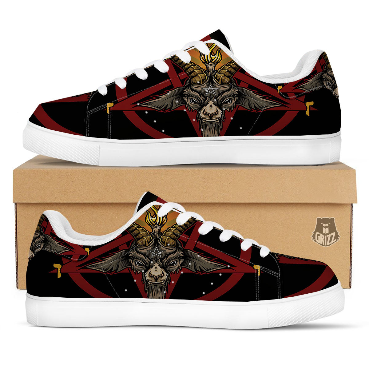 Pentagram Symbol Magic Print White Low Top Sneakers-grizzshop