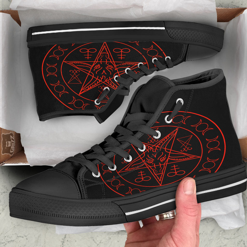 Pentagram Symbol Red Satanic Print Black High Top Shoes-grizzshop