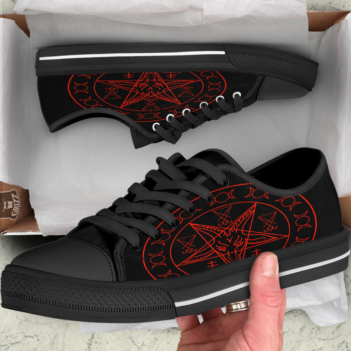 Pentagram Symbol Red Satanic Print Black Low Top Shoes-grizzshop