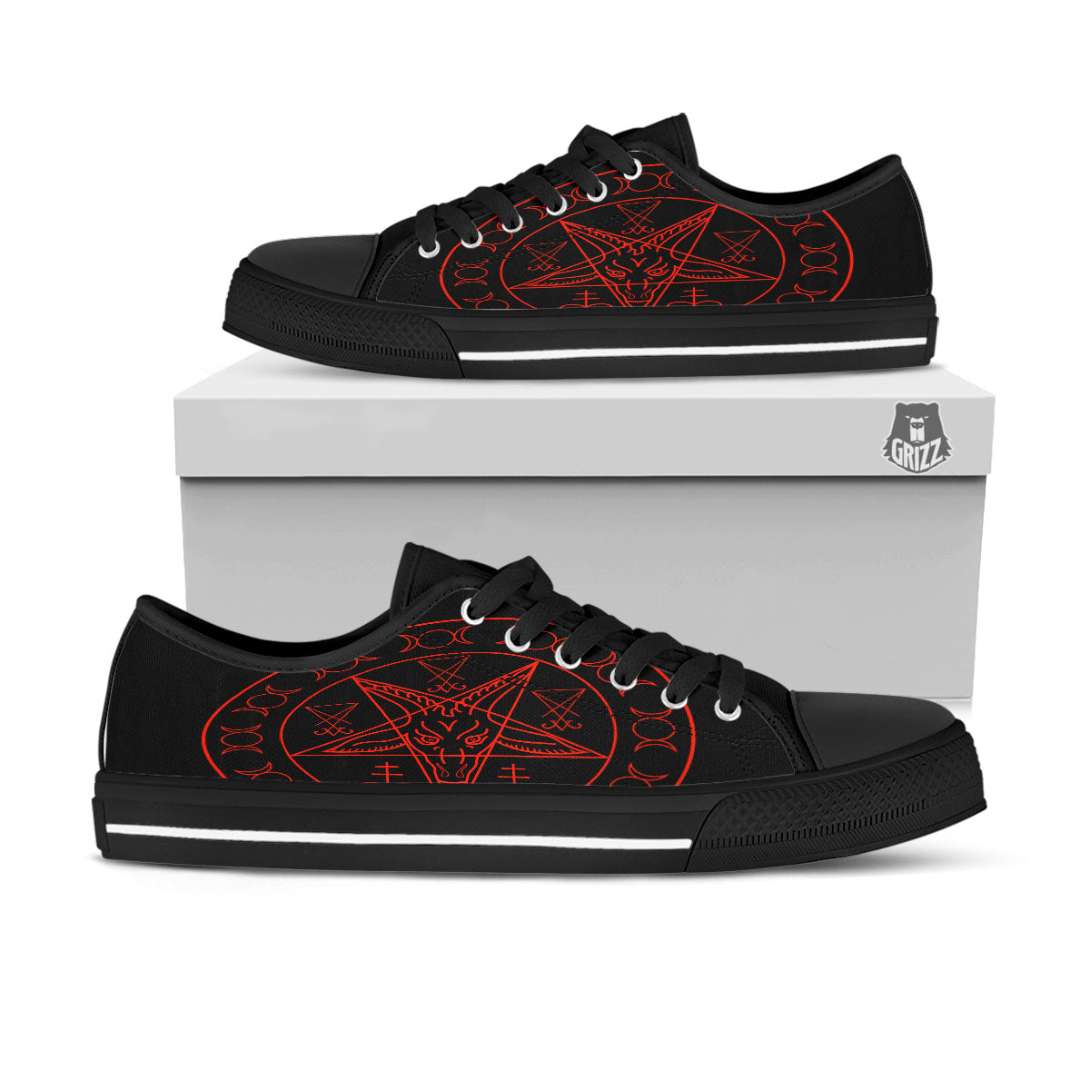 Pentagram Symbol Red Satanic Print Black Low Top Shoes-grizzshop