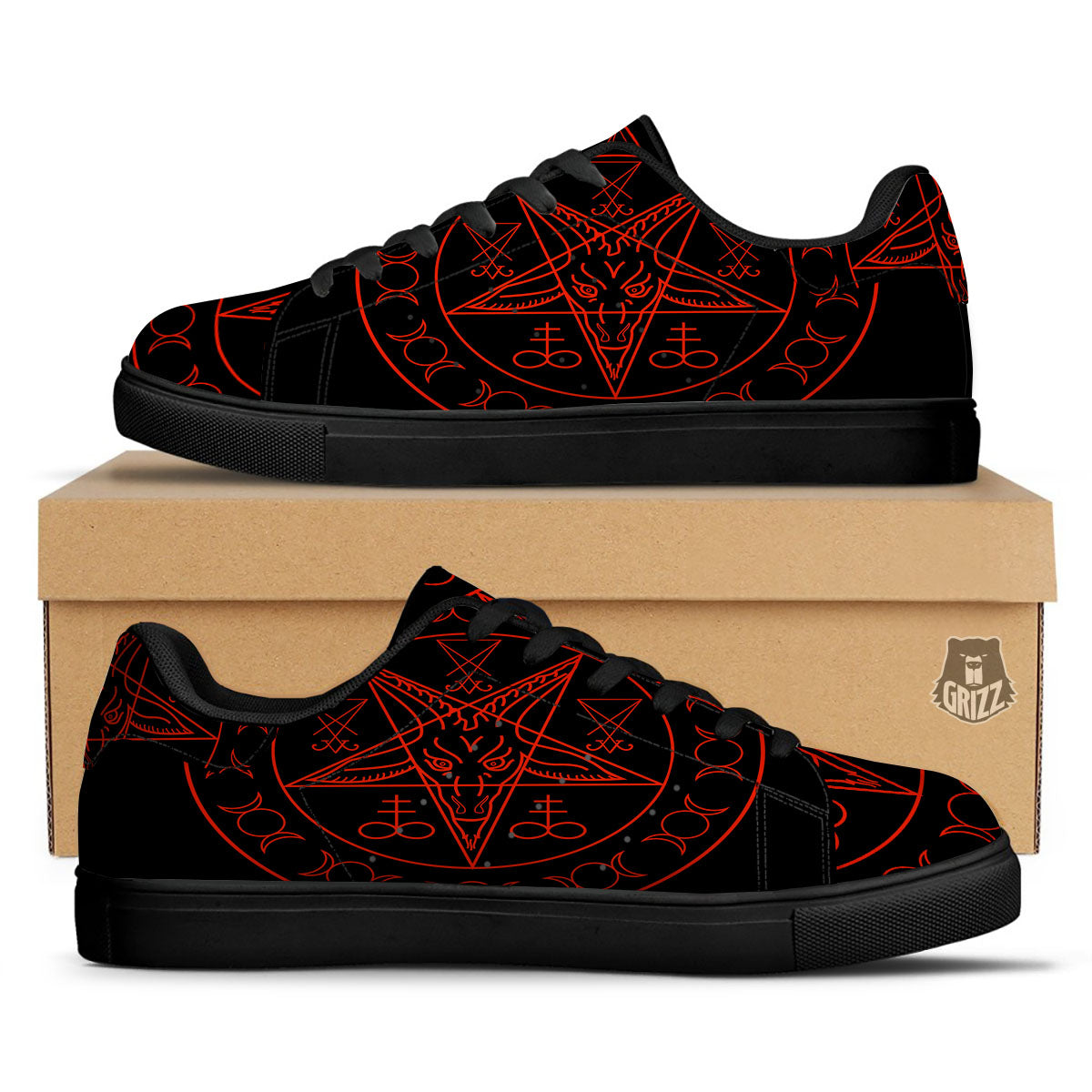 Pentagram Symbol Red Satanic Print Black Low Top Sneakers-grizzshop