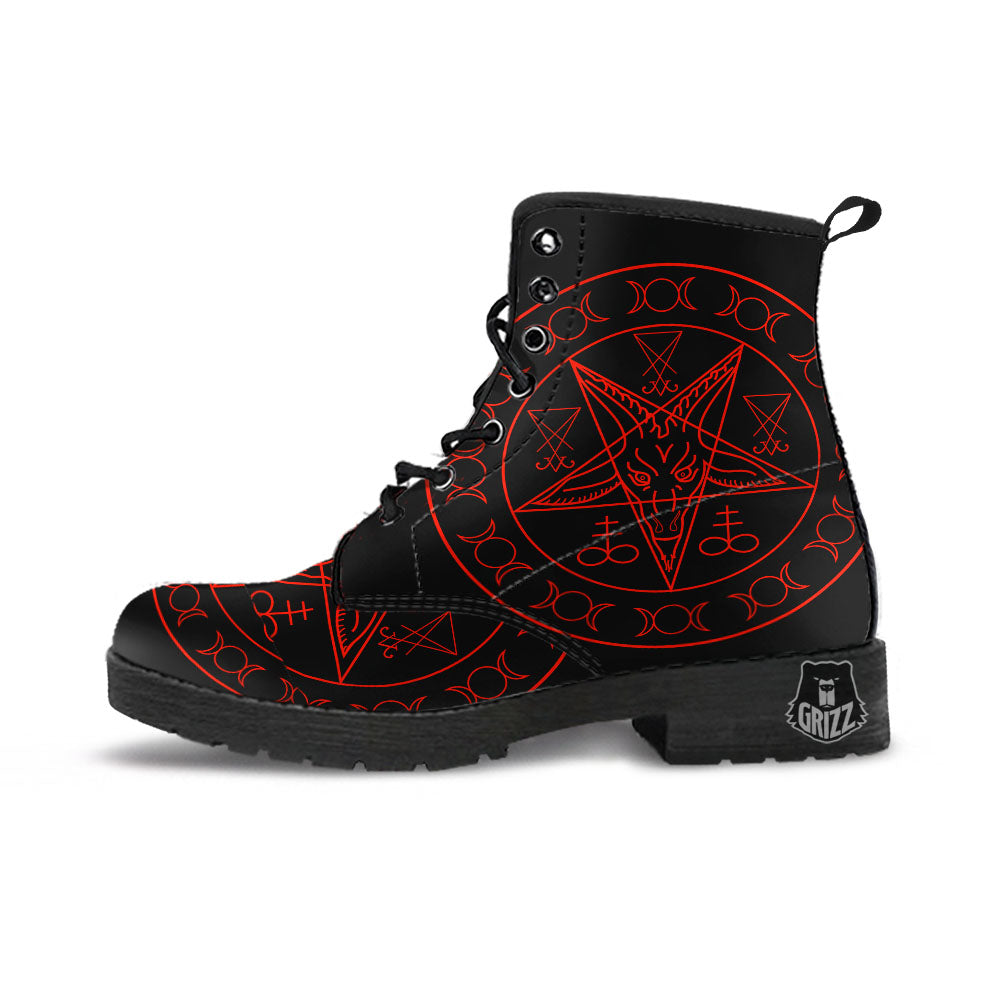 Pentagram Symbol Red Satanic Print Leather Boots-grizzshop