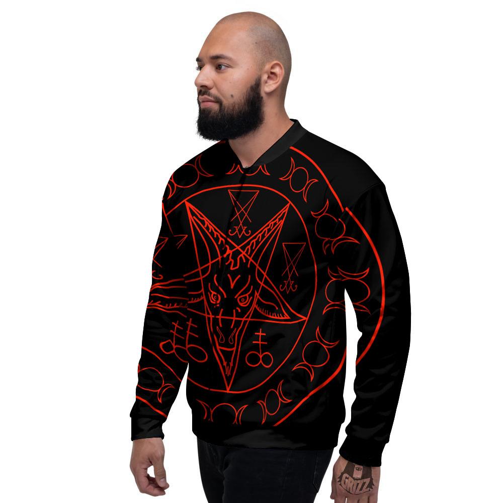 Pentagram Symbol Red Satanic Print Men's Bomber Jacket-grizzshop