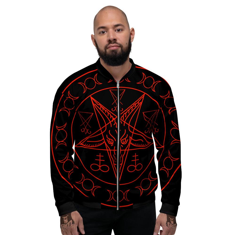 Pentagram Symbol Red Satanic Print Men's Bomber Jacket-grizzshop