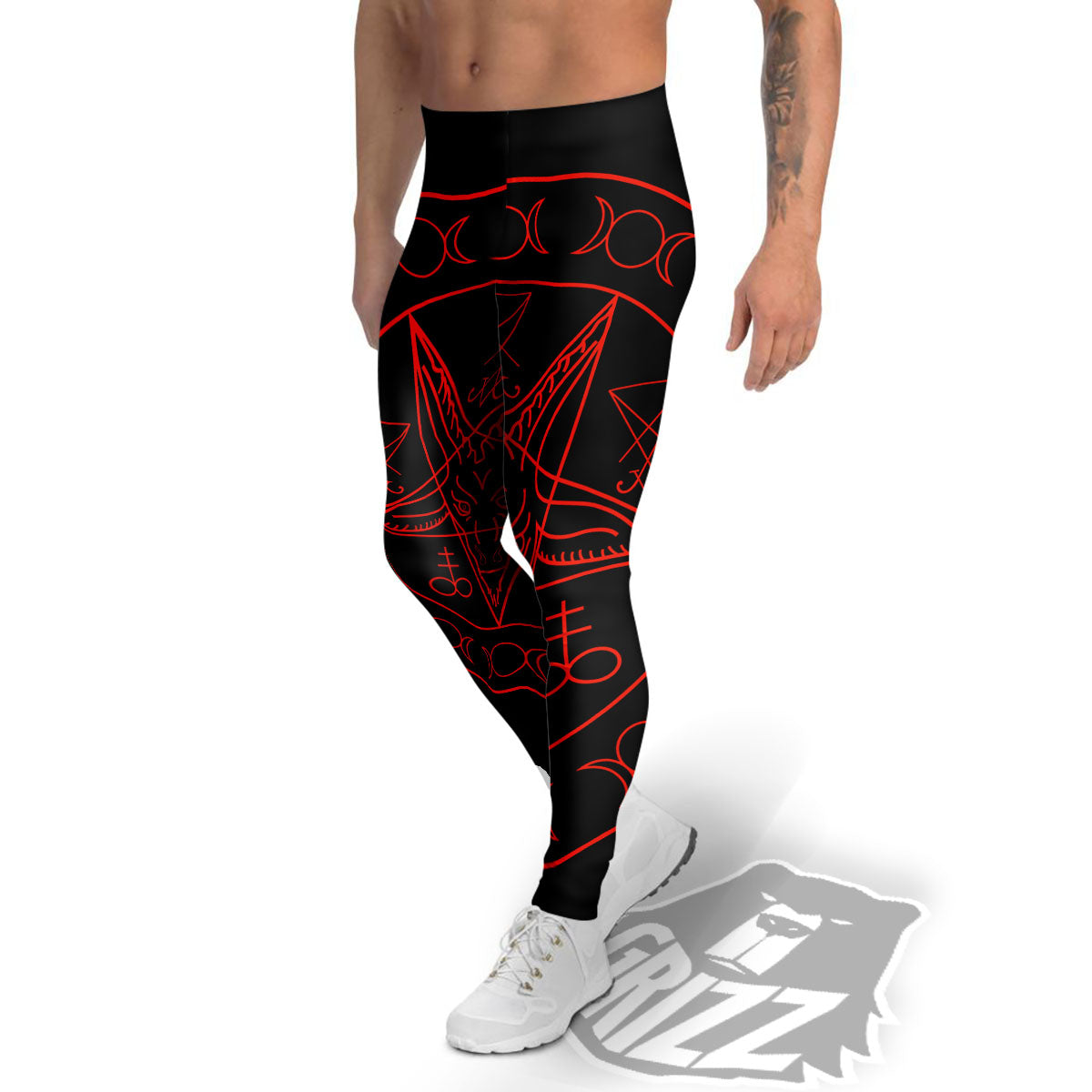 Pentagram Symbol Red Satanic Print Men's Leggings-grizzshop