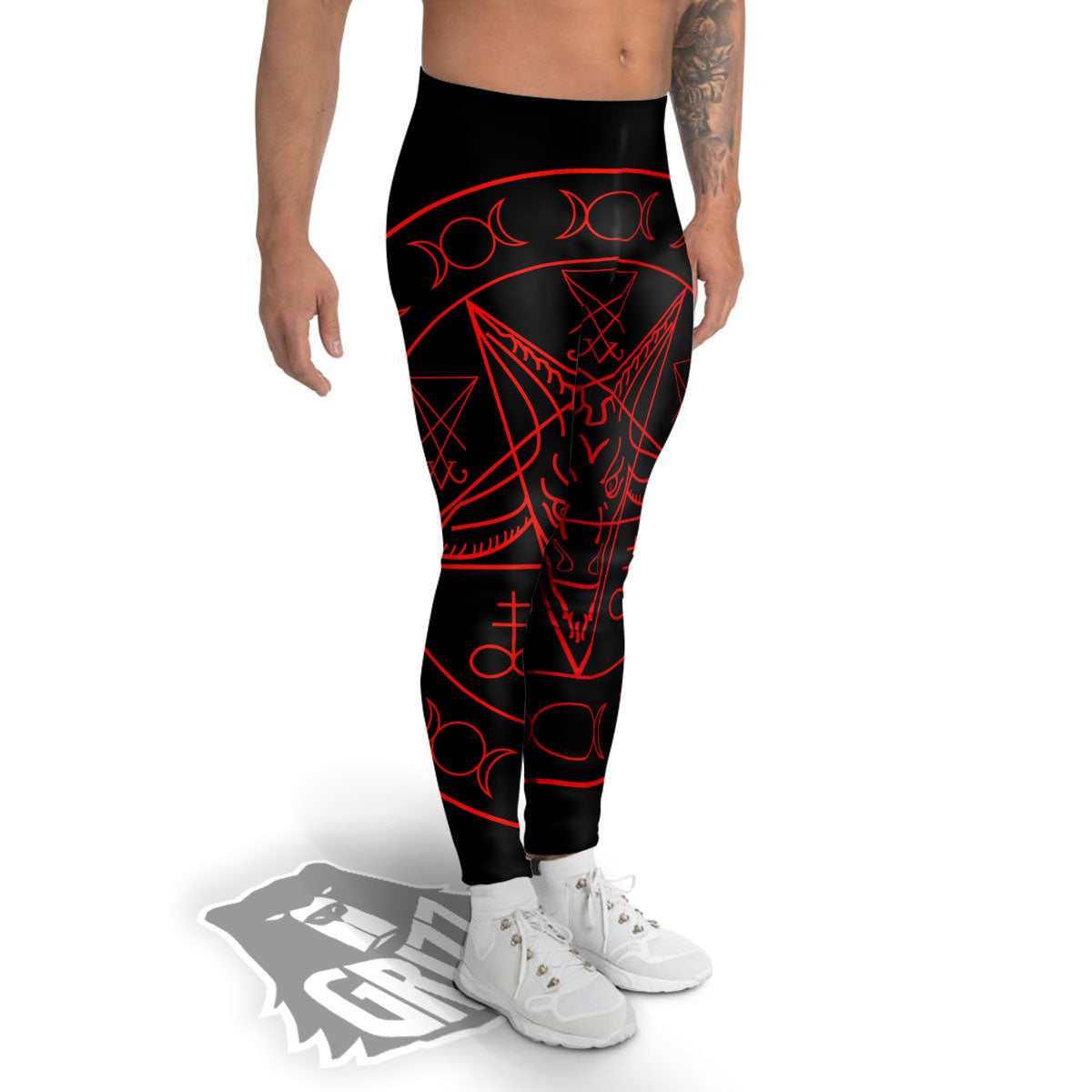 Pentagram Symbol Red Satanic Print Men's Leggings-grizzshop