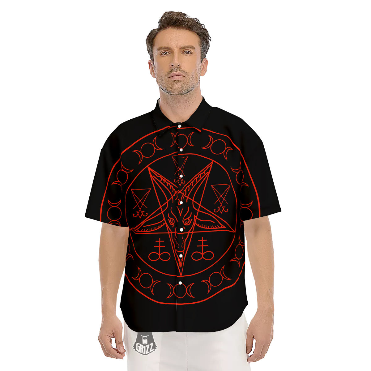 Pentagram Symbol Red Satanic Print Men's Short Sleeve Shirts-grizzshop