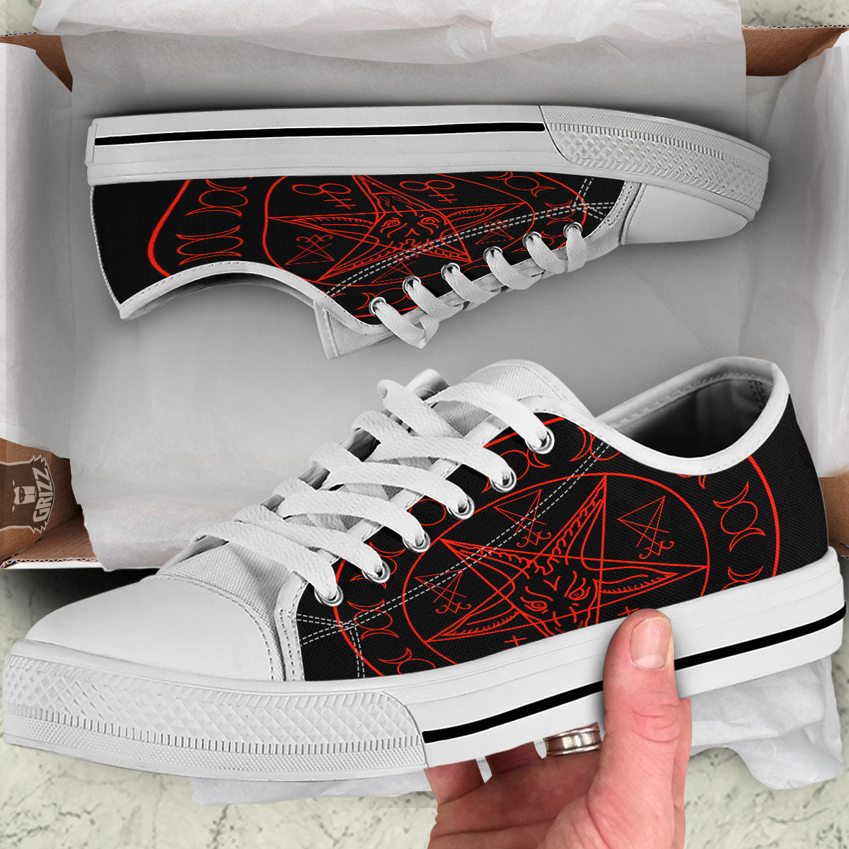 Pentagram Symbol Red Satanic Print White Low Top Shoes-grizzshop