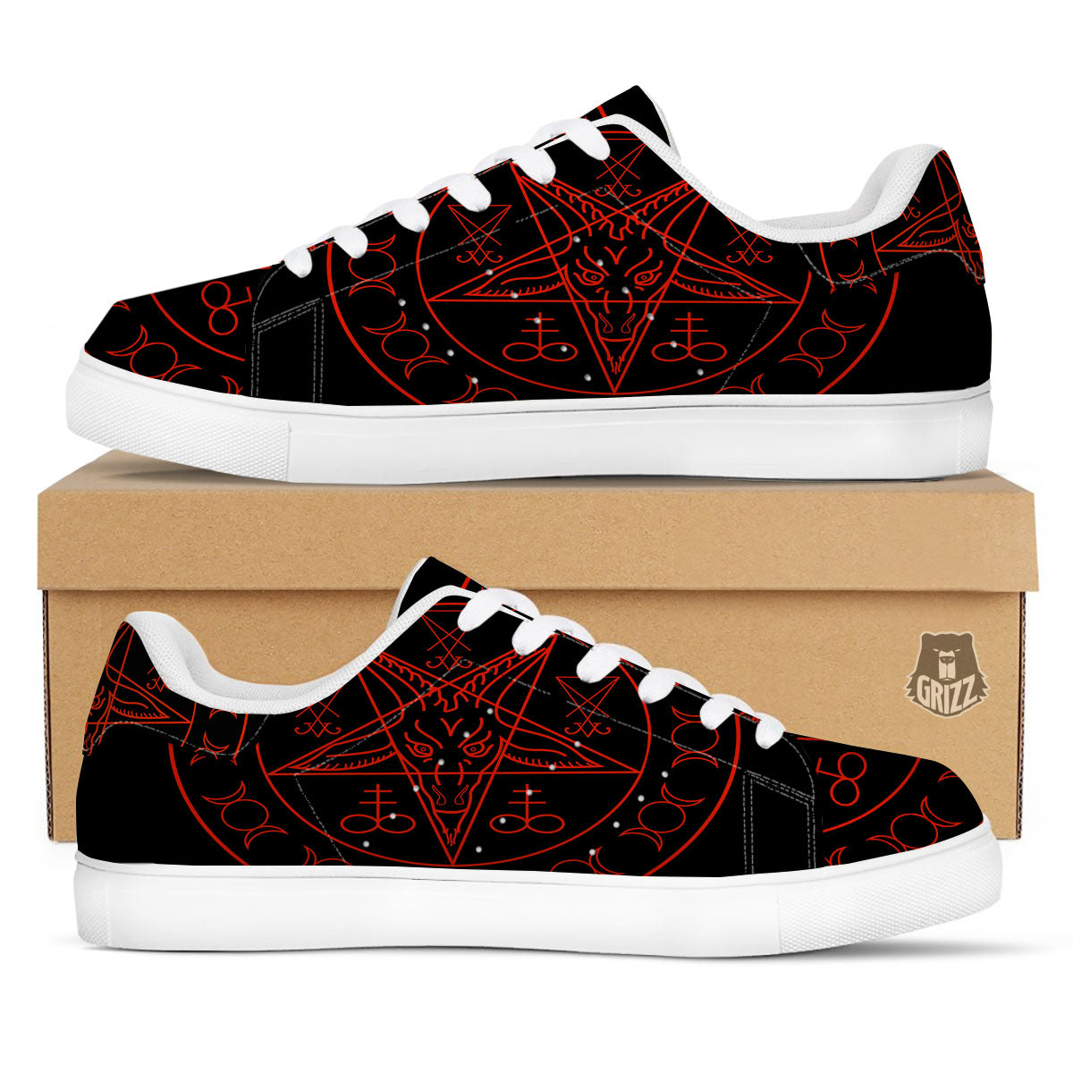 Pentagram Symbol Red Satanic Print White Low Top Sneakers-grizzshop