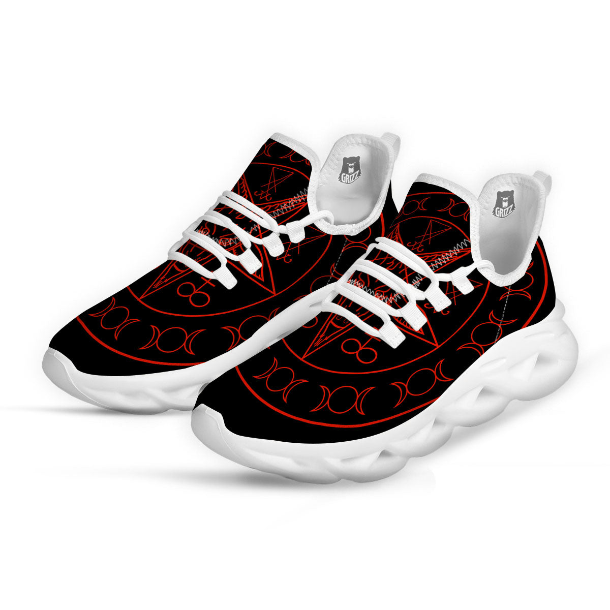 Pentagram Symbol Red Satanic Print White Running Shoes-grizzshop