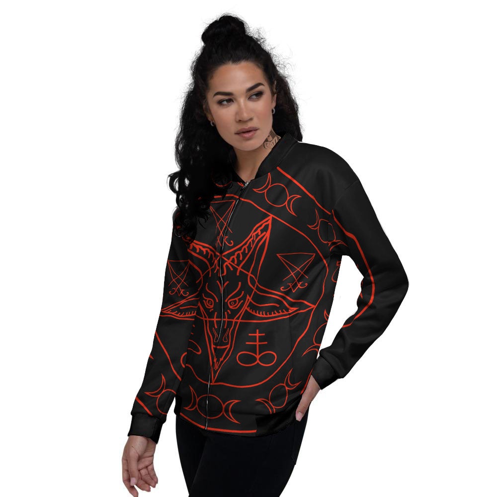 Pentagram Symbol Red Satanic Print Women's Bomber Jacket-grizzshop