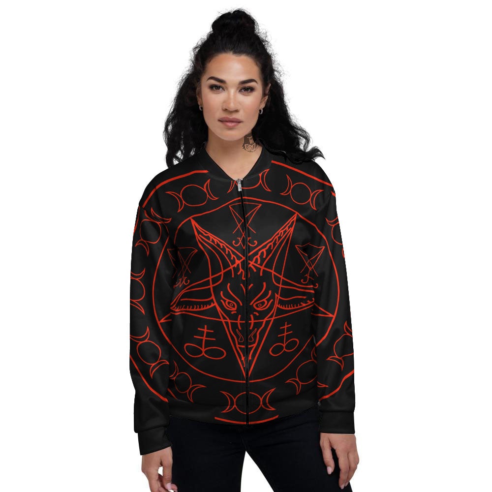 Pentagram Symbol Red Satanic Print Women's Bomber Jacket-grizzshop