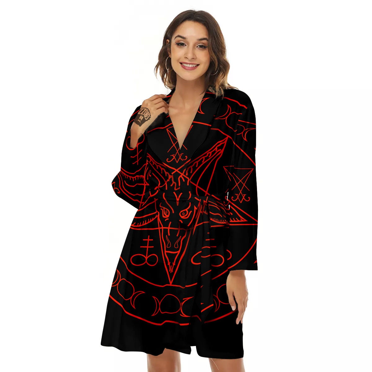 Pentagram Symbol Red Satanic Print Women's Robe-grizzshop