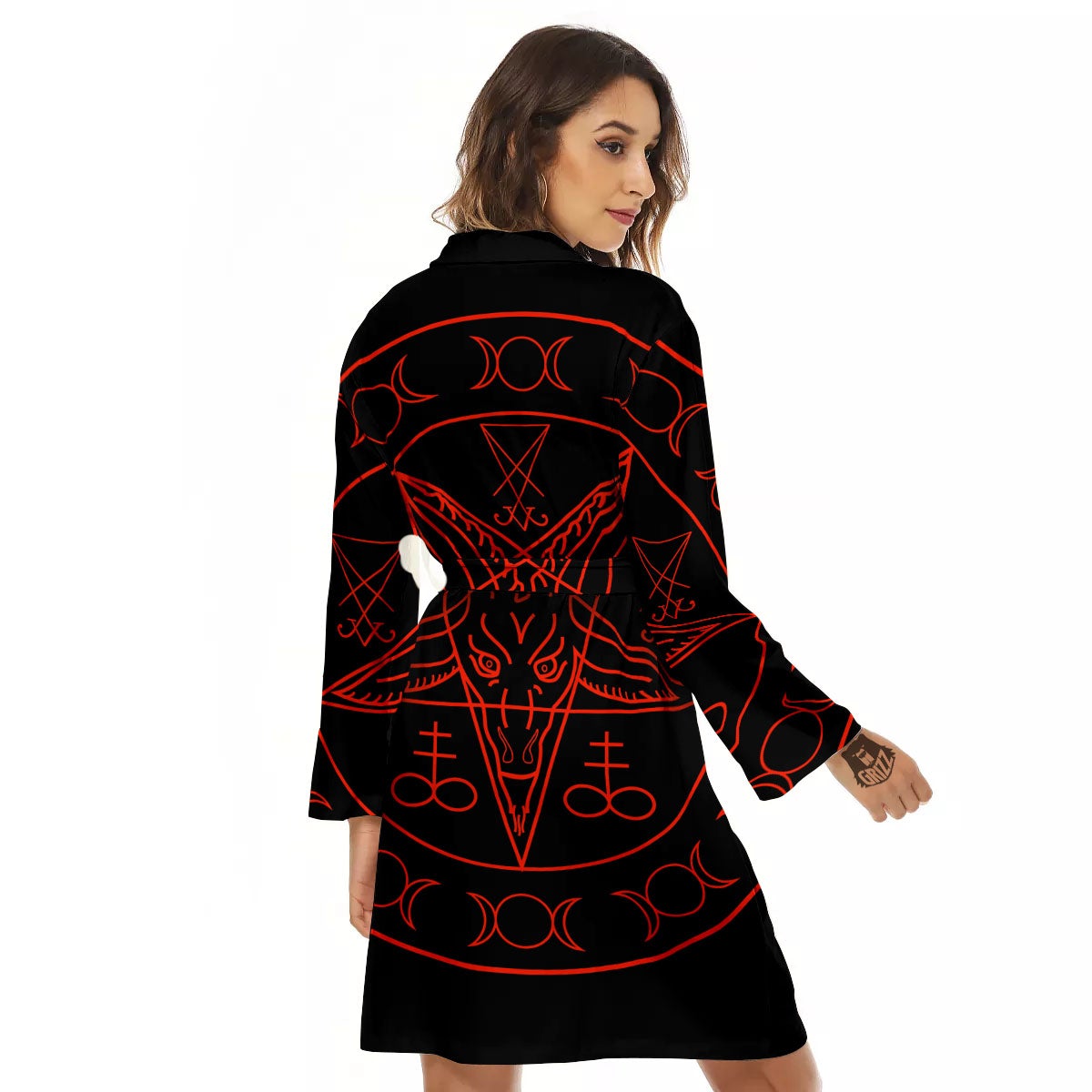 Pentagram Symbol Red Satanic Print Women's Robe-grizzshop