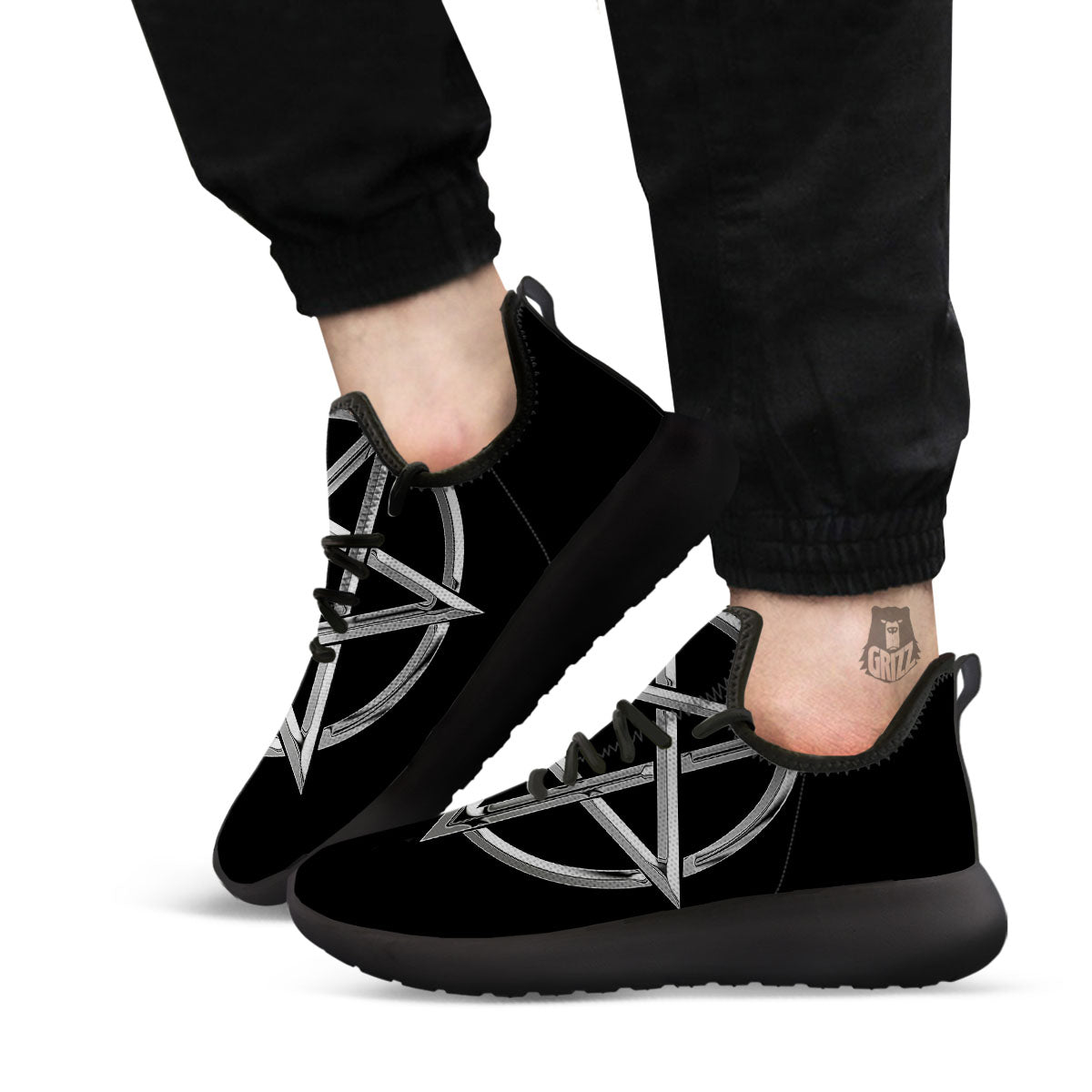 Pentagram Symbol White And Black Print Black Athletic Shoes-grizzshop
