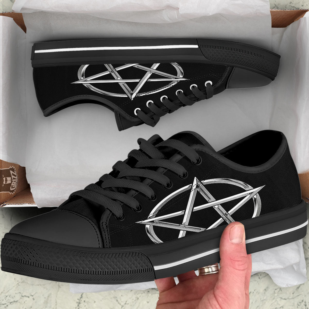 Pentagram Symbol White And Black Print Black Low Top Shoes-grizzshop