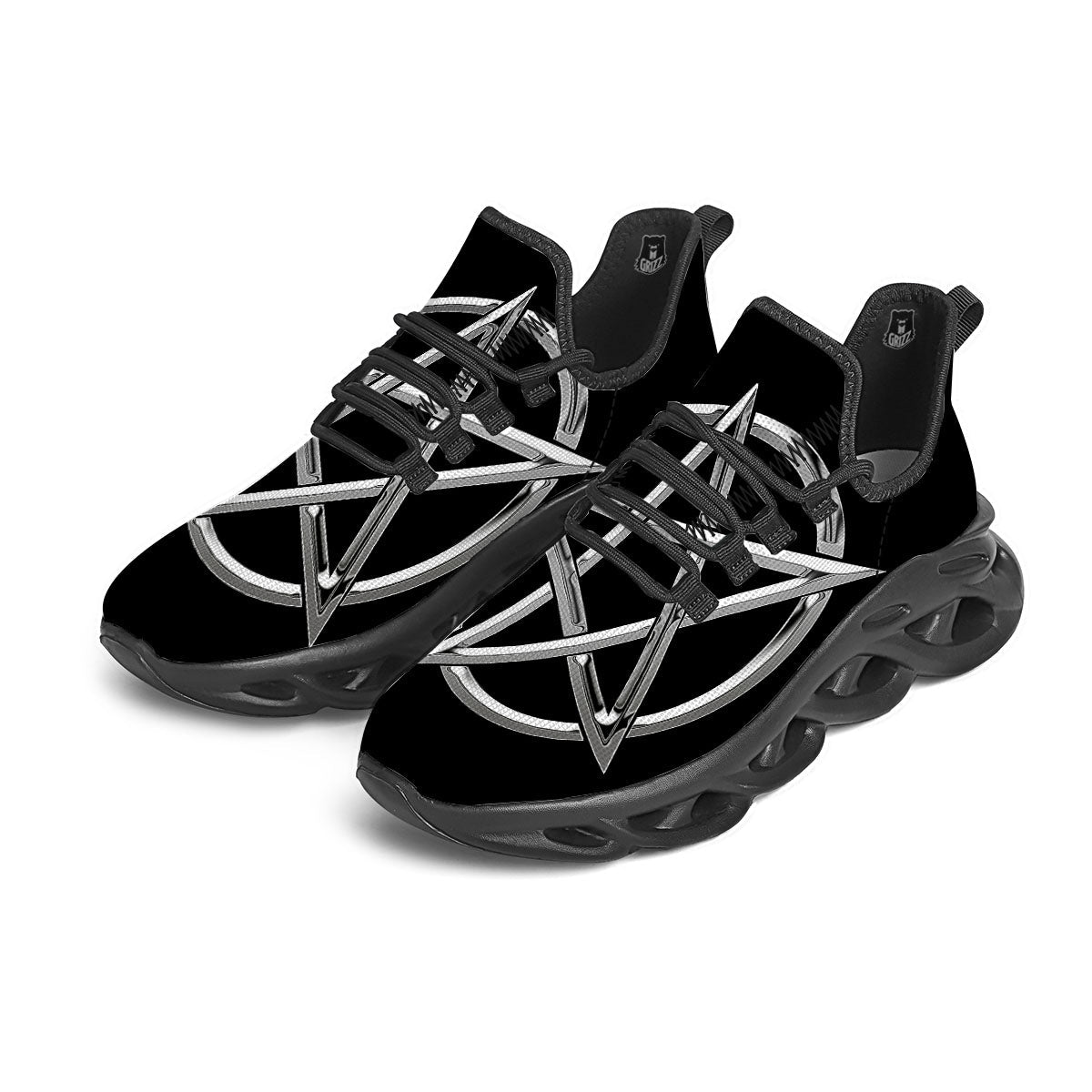 Pentagram Symbol White And Black Print Black Running Shoes-grizzshop