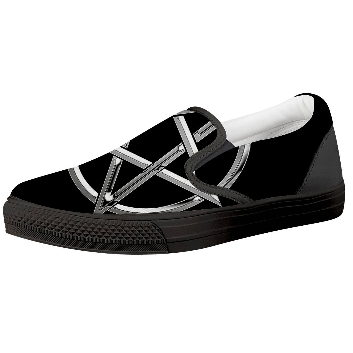 Pentagram Symbol White And Black Print Black Slip On Shoes-grizzshop